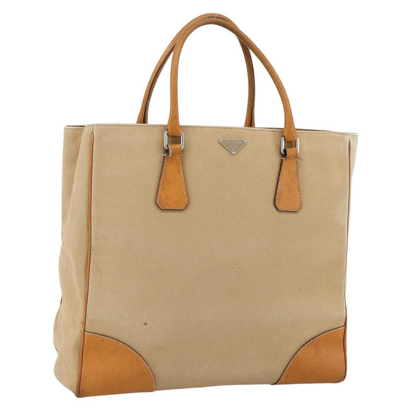 PRADA Hand Bag Canvas Beige Silver Auth bs33611