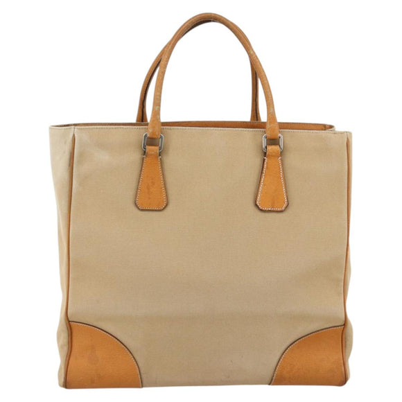 PRADA Hand Bag Canvas Beige Silver Auth bs33611