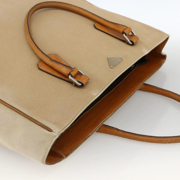 PRADA Hand Bag Canvas Beige Silver Auth bs33611