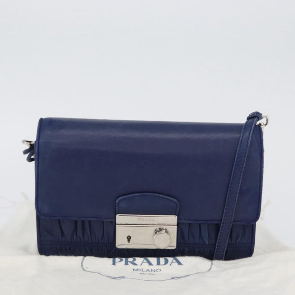 PRADA Umhängetasche Leder Blau Silber Auth bs33613