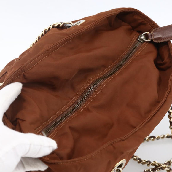 PRADA Chain Shoulder Bag Nylon Brown Gold Auth bs33615