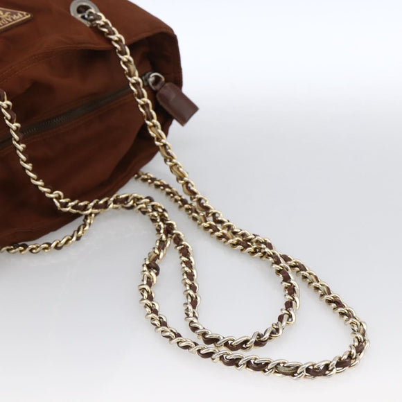 PRADA Chain Shoulder Bag Nylon Brown Gold Auth bs33615