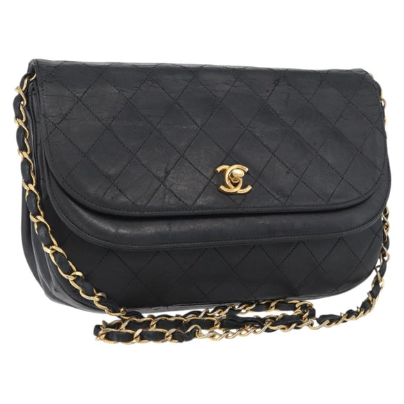 CHANEL Matelasse Chain Shoulder Bag Lamb Skin Black Gold CC Auth bs33642
