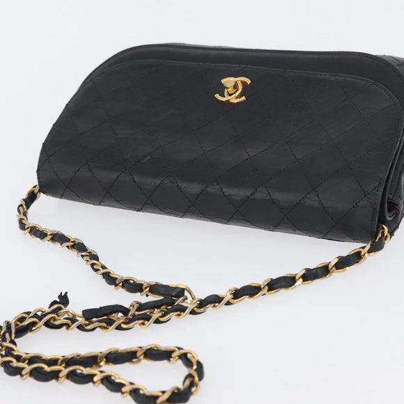 CHANEL Matelasse Chain Shoulder Bag Lamb Skin Black Gold CC Auth bs33642