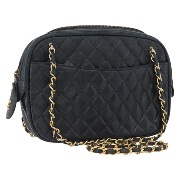 CHANEL Matelasse Chain Shoulder Bag Lamb Skin Black Gold CC Auth bs33643