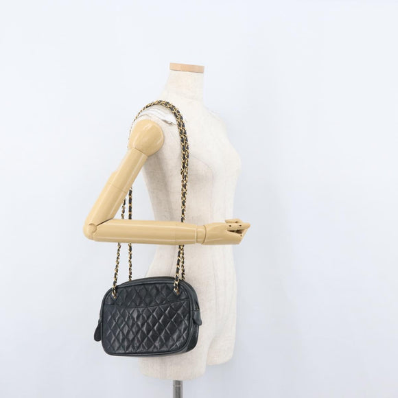 CHANEL Matelasse Chain Shoulder Bag Lamb Skin Black Gold CC Auth bs33643
