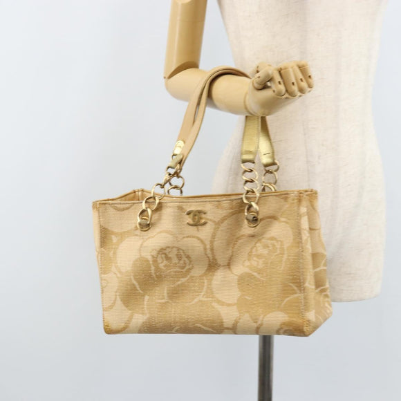 CHANEL Tote Bag Straw Beige Gold CC Auth bs33645