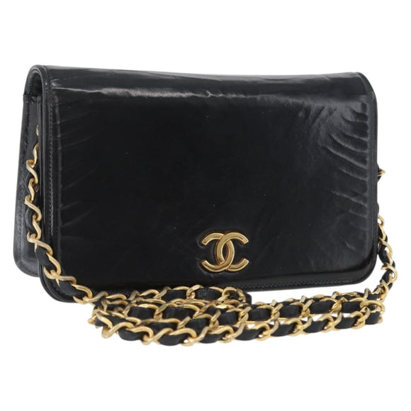CHANEL Chain Shoulder Bag Patent leather Black Gold CC Auth bs33647