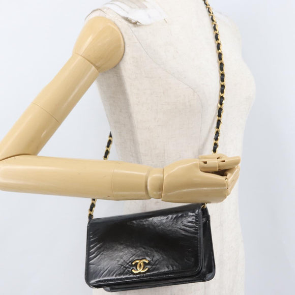 CHANEL Chain Shoulder Bag Patent leather Black Gold CC Auth bs33647