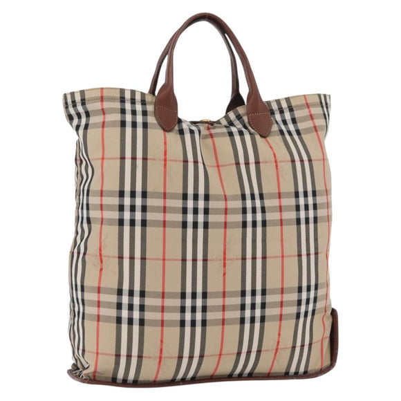 Burberrys Nova Check Hand Bag Nylon Beige Gold Auth bs33673