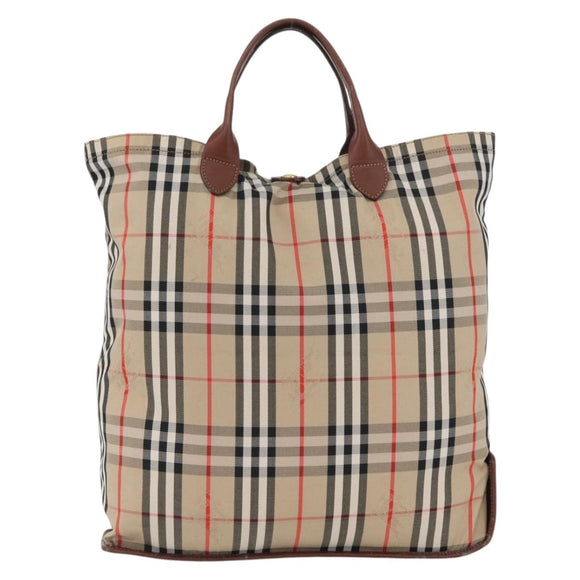 Burberrys Nova Check Hand Bag Nylon Beige Gold Auth bs33673