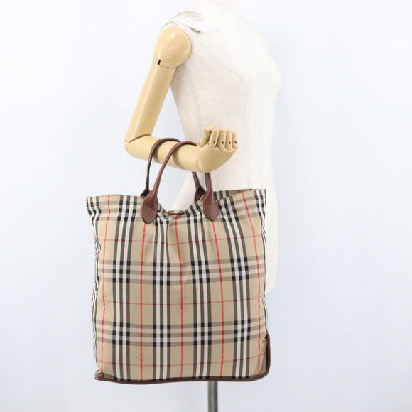 Burberrys Nova Check Hand Bag Nylon Beige Gold Auth bs33673