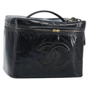 CHANEL Vanity Pouch Patent leather Black Gold CC Auth bs33674-1