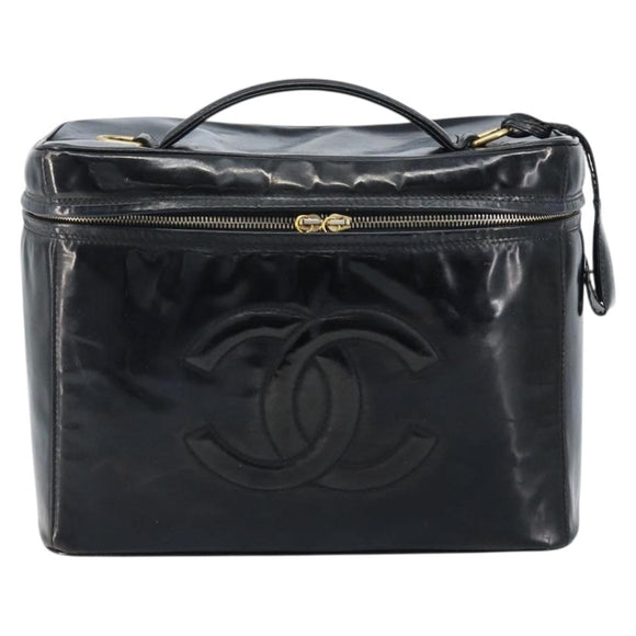 CHANEL Vanity Pouch Patent leather Black Gold CC Auth bs33674