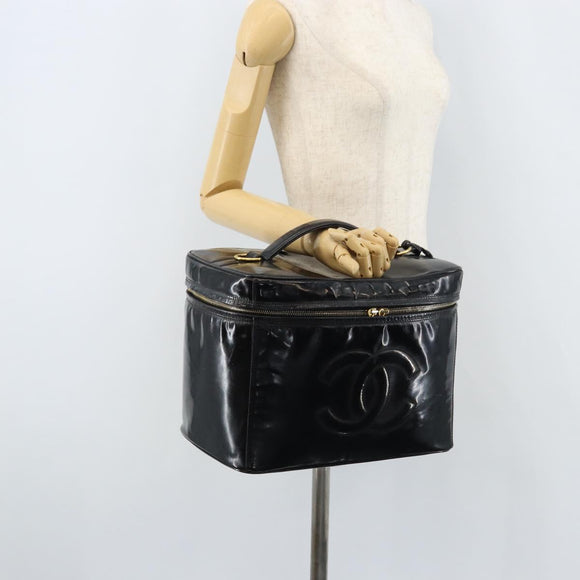 CHANEL Vanity Pouch Patent leather Black Gold CC Auth bs33674