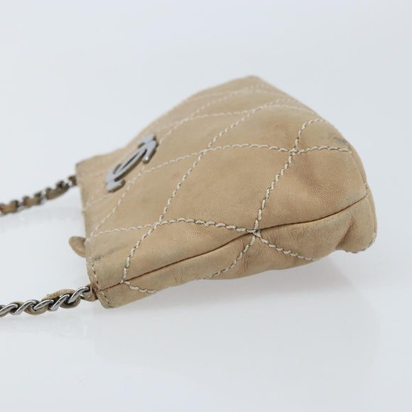 CHANEL Matelasse Accessory Pouch Leather Beige Silver CC Auth bs33676