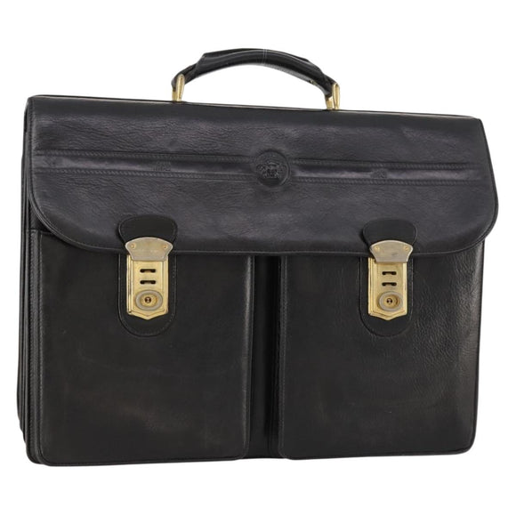 VERSACE Business Bag Leather Black Gold Auth bs33703