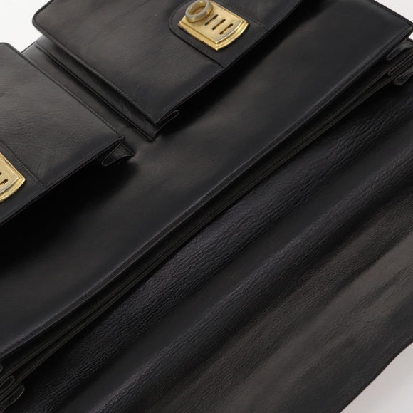 VERSACE Business Bag Leather Black Gold Auth bs33703