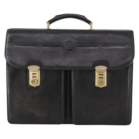 VERSACE Business Bag Leather Black Gold Auth bs33703