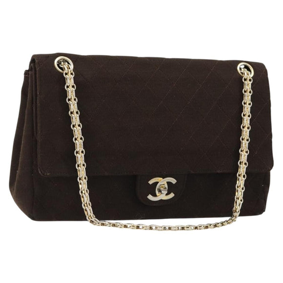 CHANEL Matelasse Chain Shoulder Bag Cotton Brown Gold CC Auth bs33723