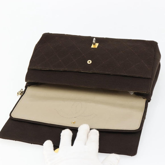 CHANEL Matelasse Chain Shoulder Bag Cotton Brown Gold CC Auth bs33723