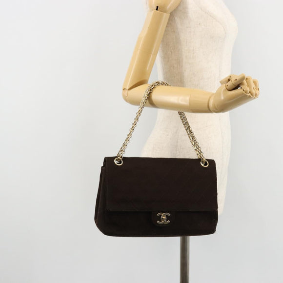 CHANEL Matelasse Chain Shoulder Bag Cotton Brown Gold CC Auth bs33723