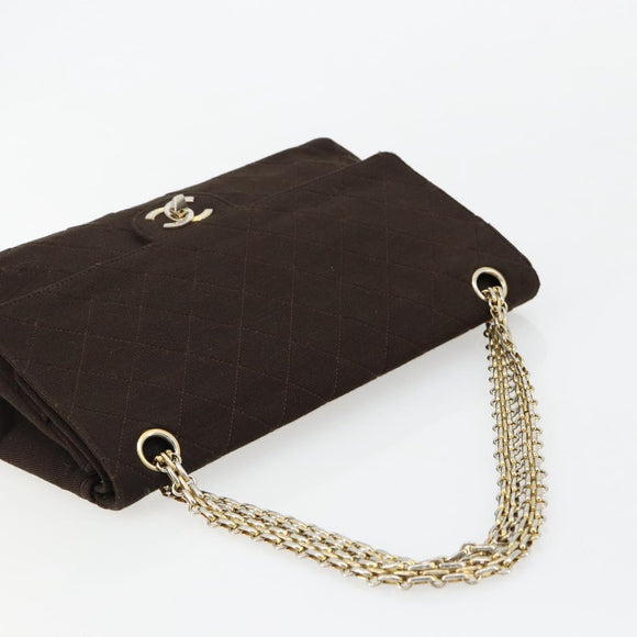 CHANEL Matelasse Chain Shoulder Bag Cotton Brown Gold CC Auth bs33723