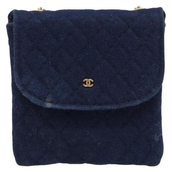 CHANEL Chain Pouch Cotton Navy Gold CC Auth bs33731
