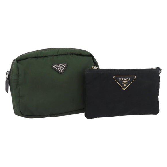 PRADA Pouch Nylon 2 Set Khaki Black Auth bs33737
