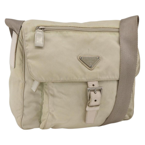 PRADA Shoulder Bag Nylon Beige Silver Auth bs33739