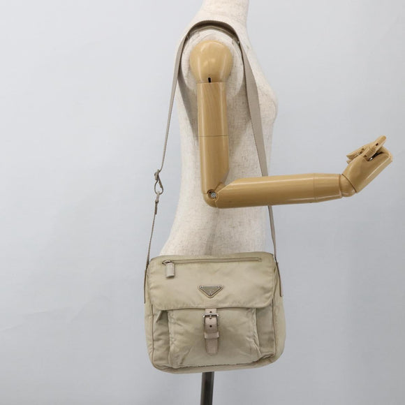 PRADA Shoulder Bag Nylon Beige Silver Auth bs33739