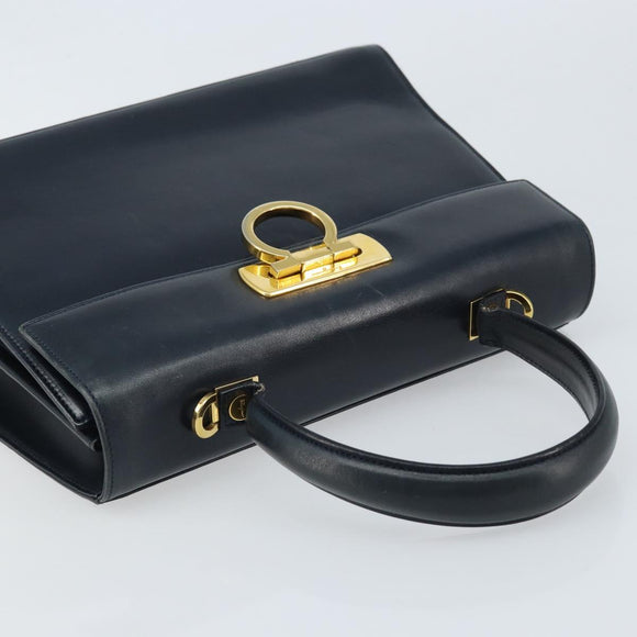 Salvatore Ferragamo Gancini Hand Bag Leather Navy Gold Auth bs33743