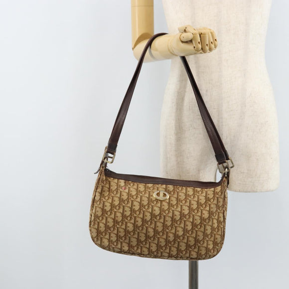 Christian Dior Trotter Canvas Shoulder Bag Beige Gold Auth bs33761