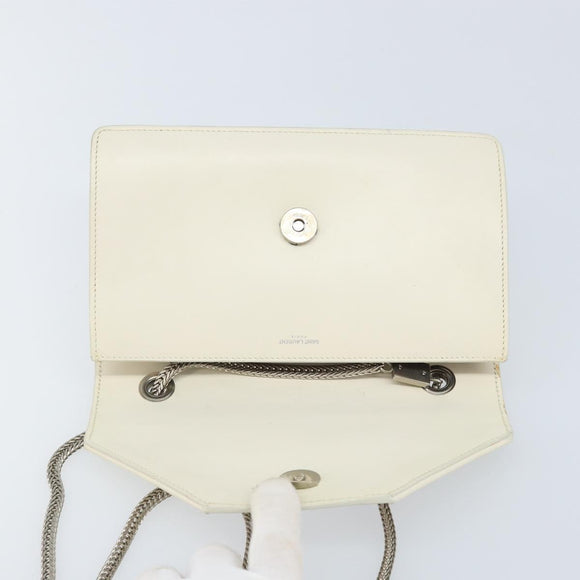 SAINT LAURENT Chain Shoulder Bag Leather White Silver Auth bs33774