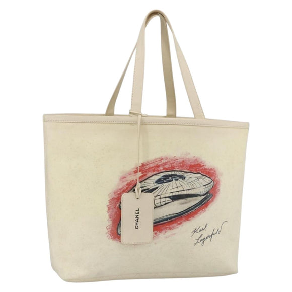 CHANEL Tote Bag Canvas Leather White Silver CC Auth bs33806