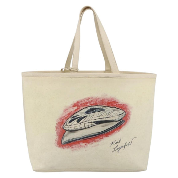 CHANEL Tote Bag Canvas Leather White Silver CC Auth bs33806