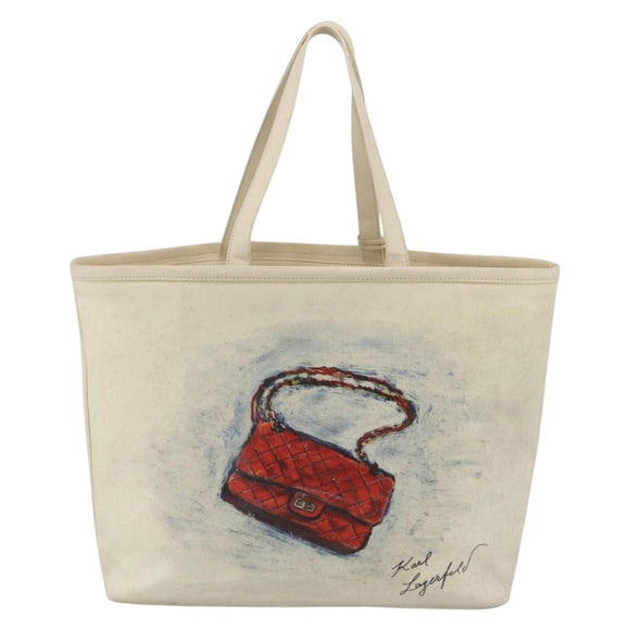 CHANEL Tote Bag Canvas Leather White Silver CC Auth bs33806