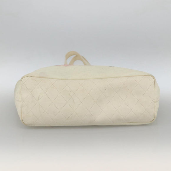 CHANEL Tote Bag Canvas Leather White Silver CC Auth bs33806