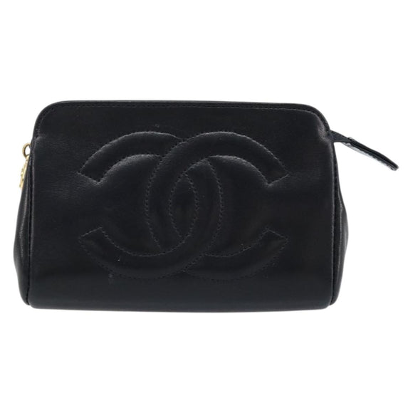 CHANEL Pouch Lamb Skin Black Gold CC Auth bs33811