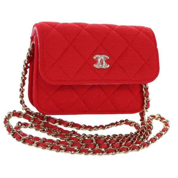 CHANEL Matelasse Chain Shoulder Bag Cotton Red Gold CC Auth bs33822SAM