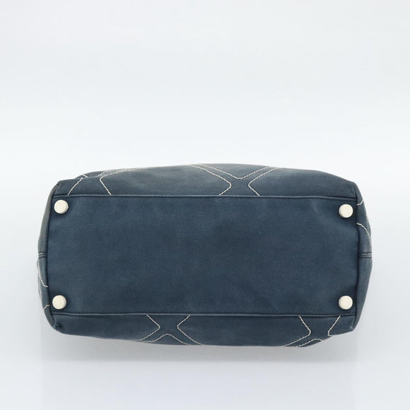 CHANEL Tote Bag Canvas Navy Silver CC Auth bs33826