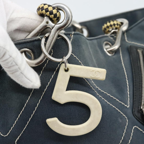 CHANEL Tote Bag Canvas Navy Silver CC Auth bs33826