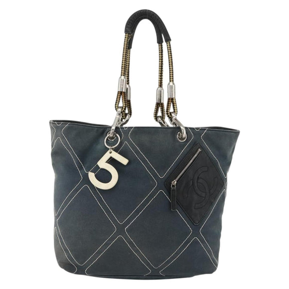 CHANEL Tote Bag Canvas Navy Silver CC Auth bs33826