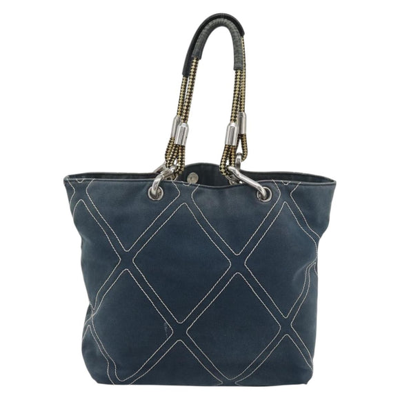 CHANEL Tote Bag Canvas Navy Silver CC Auth bs33826
