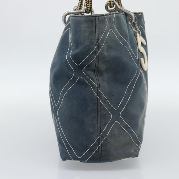 CHANEL Tote Bag Canvas Navy Silver CC Auth bs33826