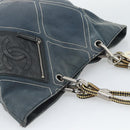 CHANEL Tote Bag Canvas Navy Silver CC Auth bs33826-7