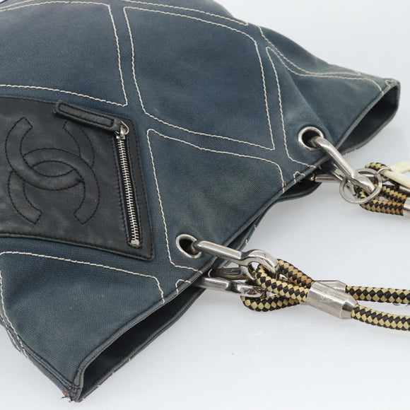 CHANEL Tote Bag Canvas Navy Silver CC Auth bs33826