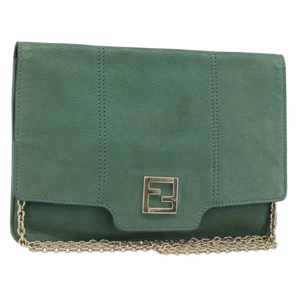FENDI Chain Shoulder Bag Leather Green Gold Auth bs33834