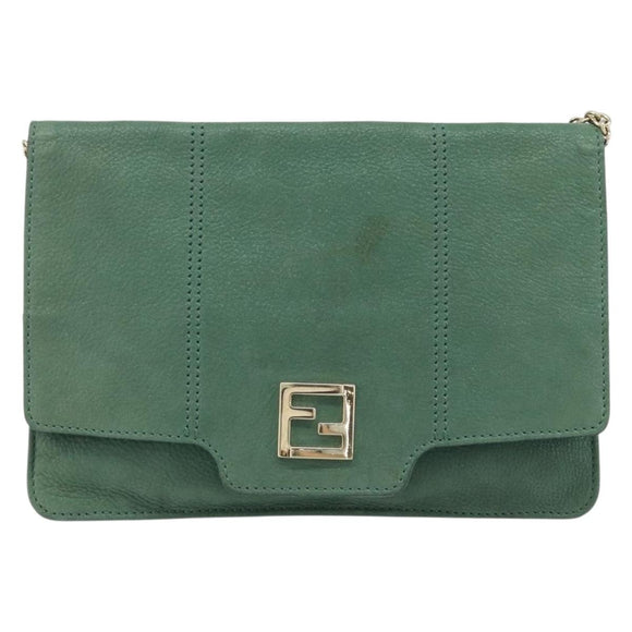 FENDI Chain Shoulder Bag Leather Green Gold Auth bs33834