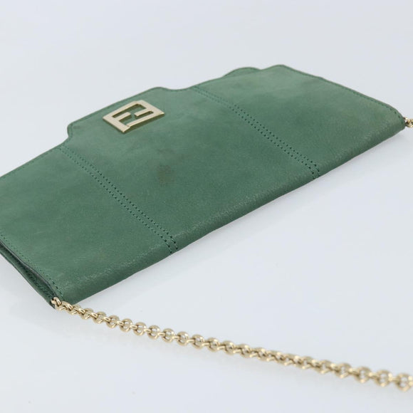 FENDI Chain Shoulder Bag Leather Green Gold Auth bs33834